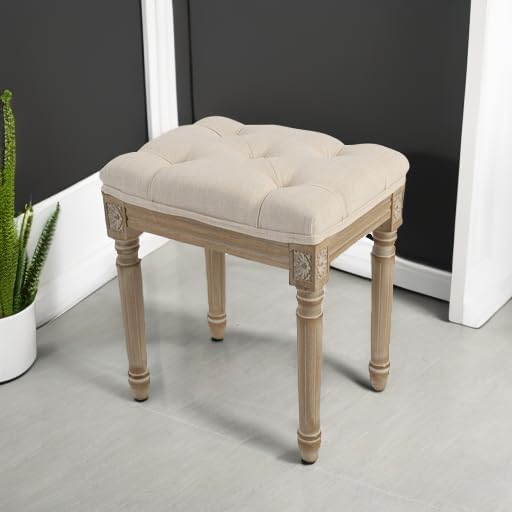 Beige Tufted Wood Makeup Vanity Bench