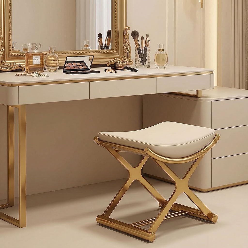 Gold Metal X Leg Backless Leather Vanity Stool