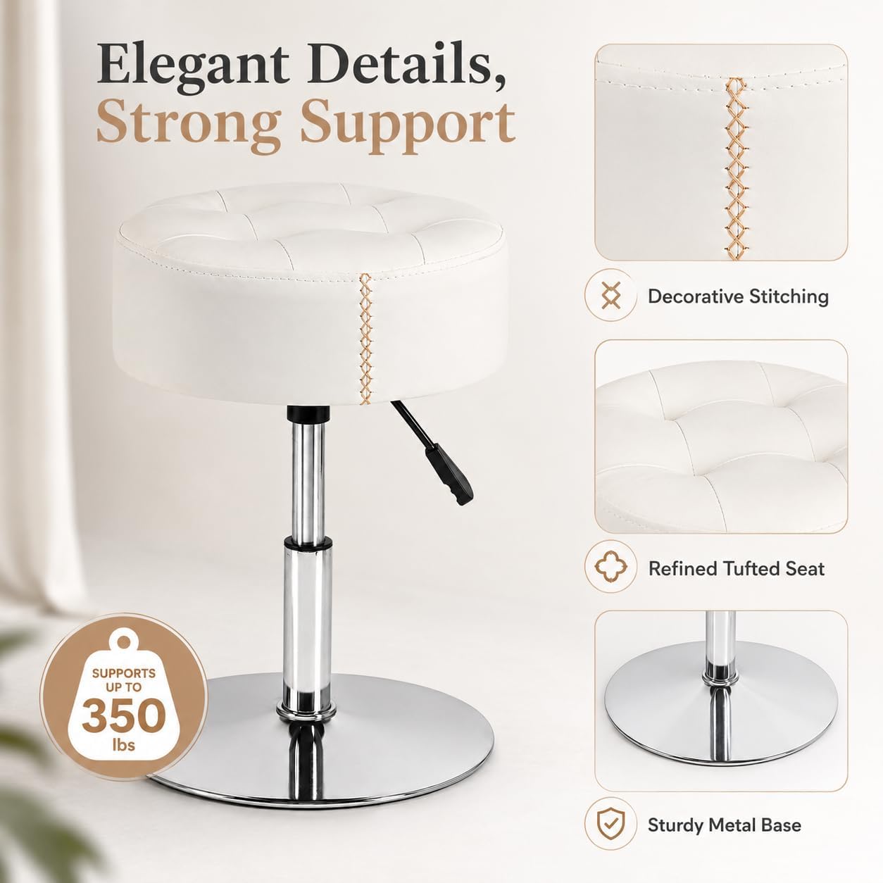 White PU Leather Adjustable Metal Base Vanity Stool