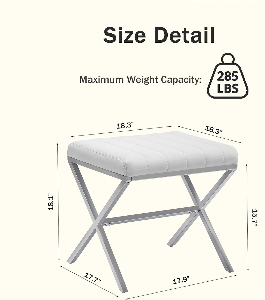 White PU Leather X Metal Leg Rectangular Vanity Stool