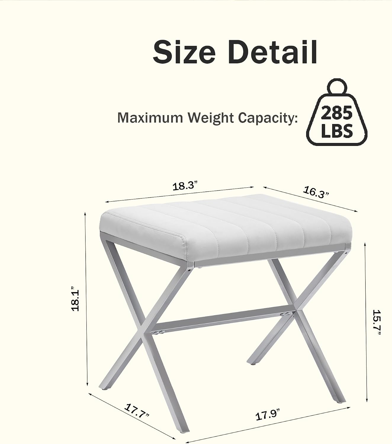 White PU Leather X Metal Leg Rectangular Vanity Stool