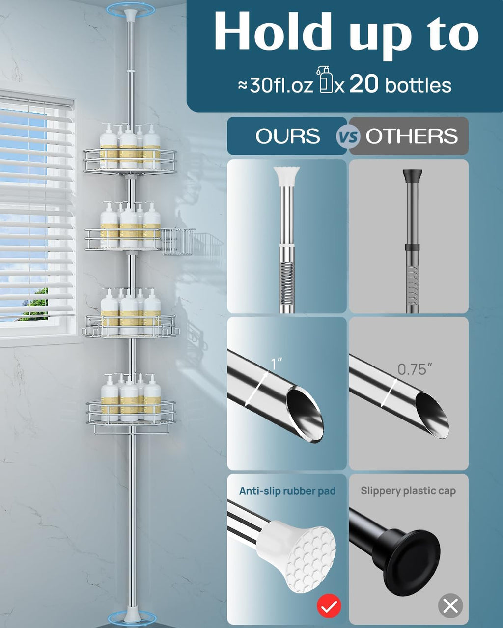 Silver 4-Tier Tension Pole Shower Caddy