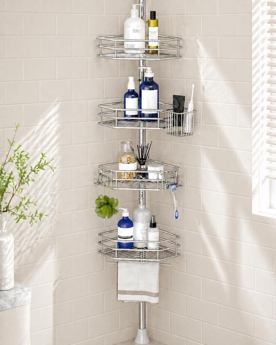 Silver 4-Tier Tension Pole Shower Caddy
