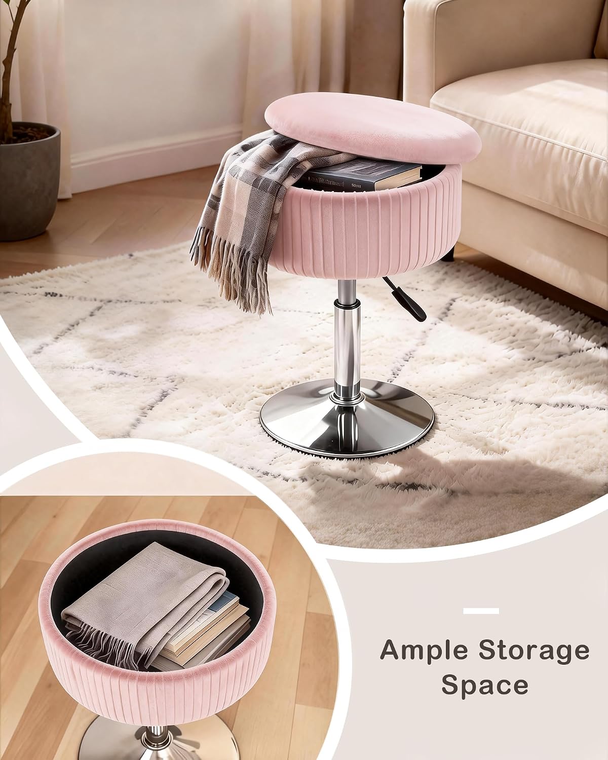 Pink Velvet Swivel Storage Vanity Ottoman