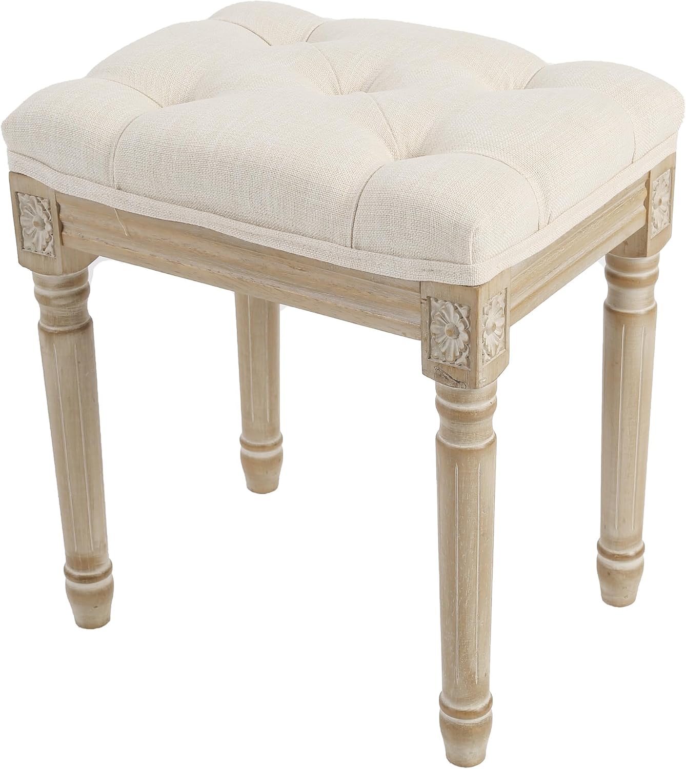 Beige Tufted Wood Makeup Vanity Bench