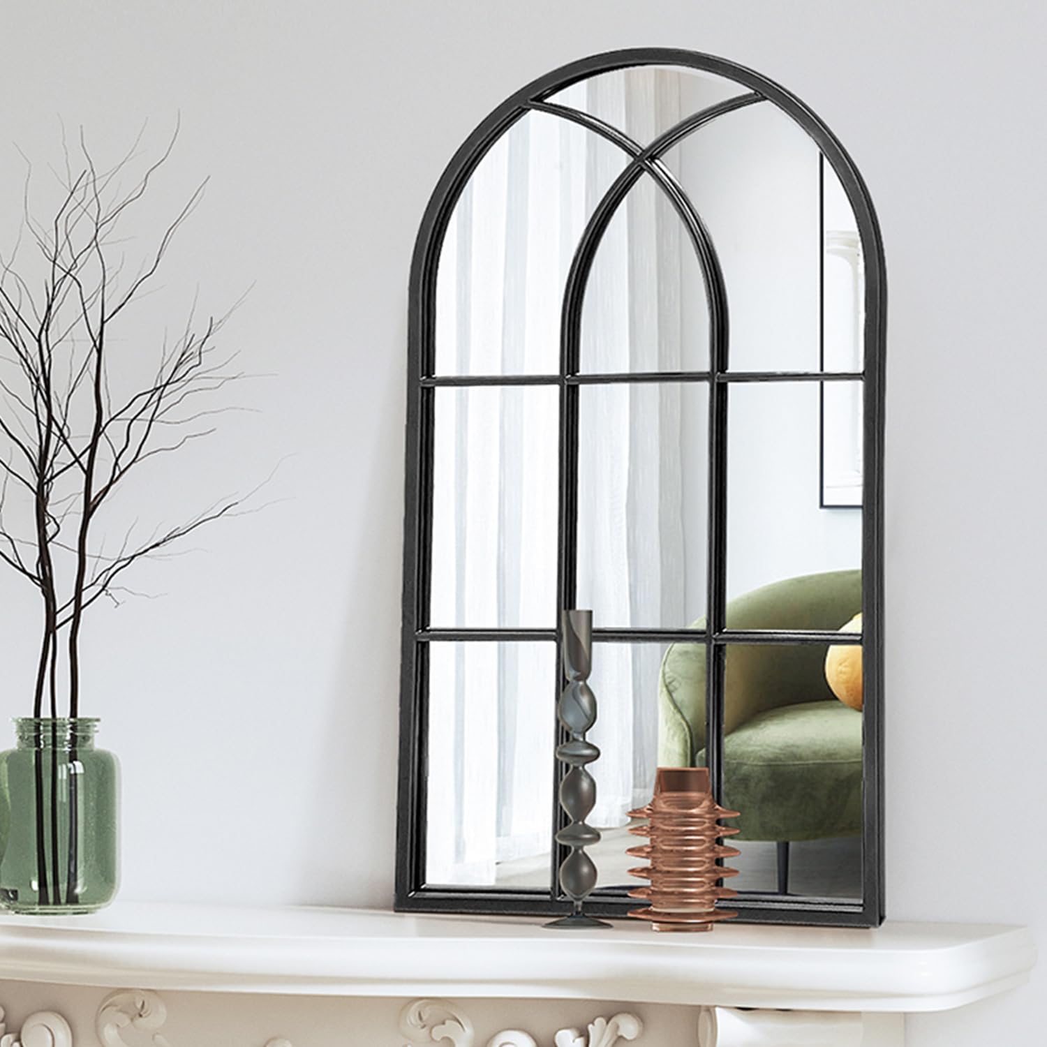 Black Metal Arched Window Wall Mirror