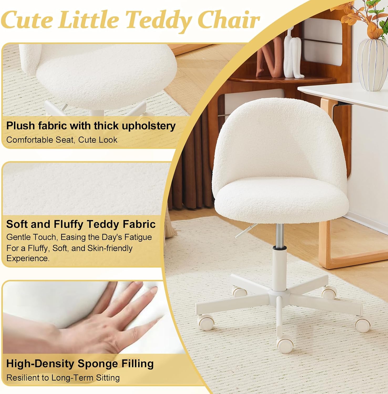 White Velvet Wheeled Backrest Vanity Chair