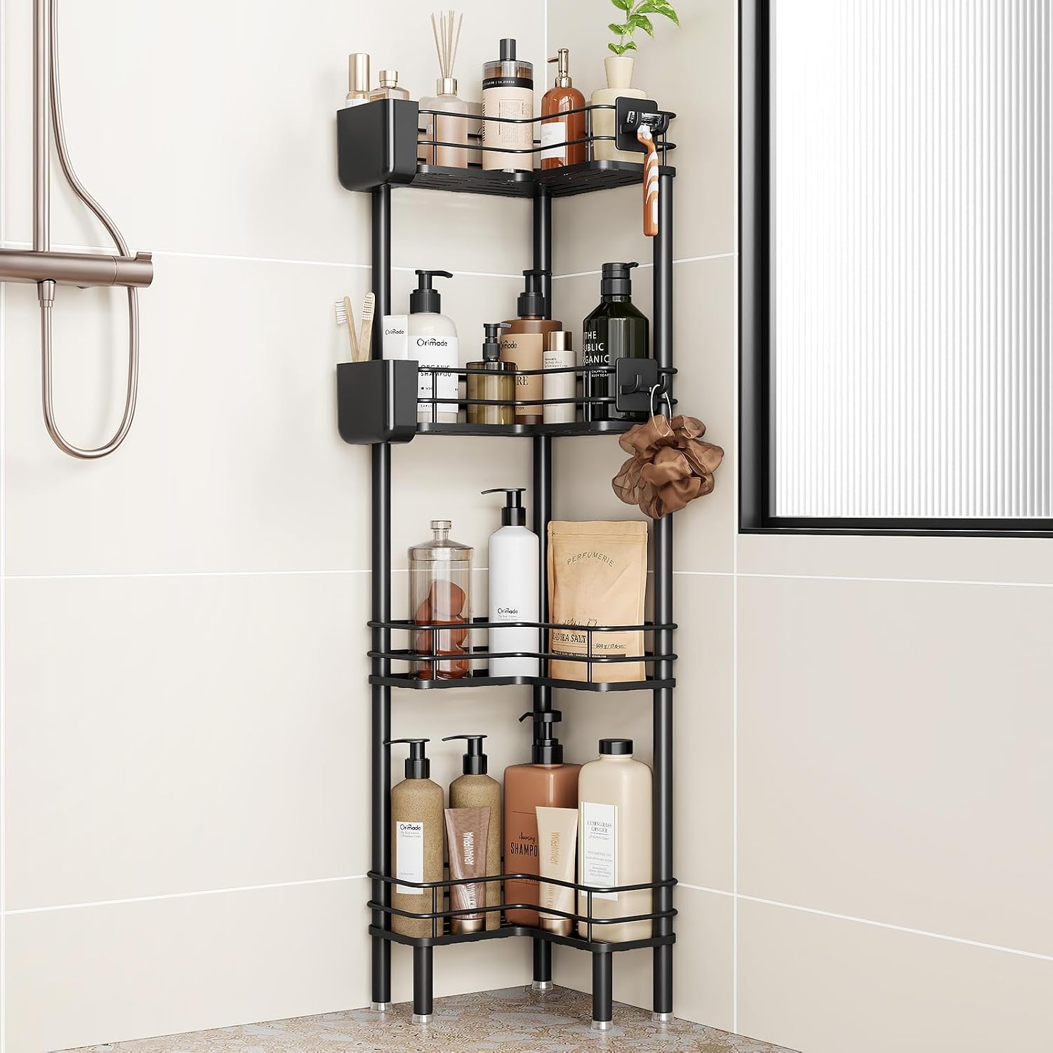 Black 4-Tier Standing Shower Corner Caddy