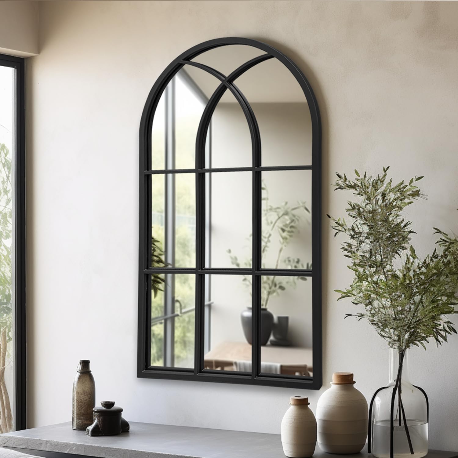 Black Metal Arched Window Wall Mirror