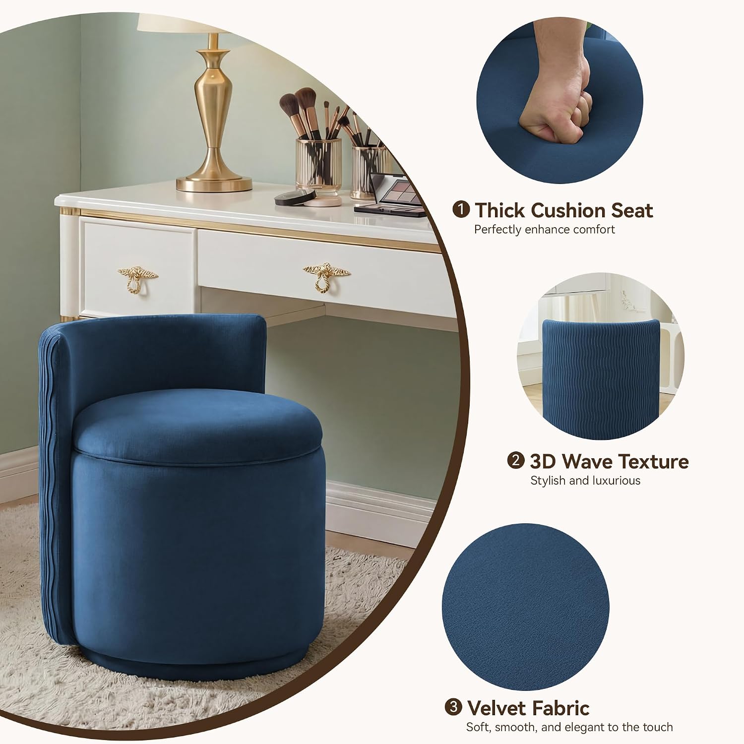 Blue Velvet Swivel Storage Vanity Chair