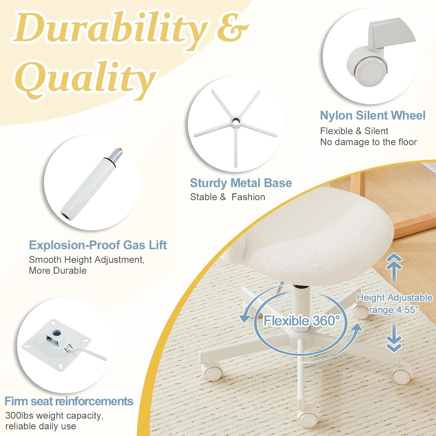 White Velvet Wheeled Backrest Vanity Chair