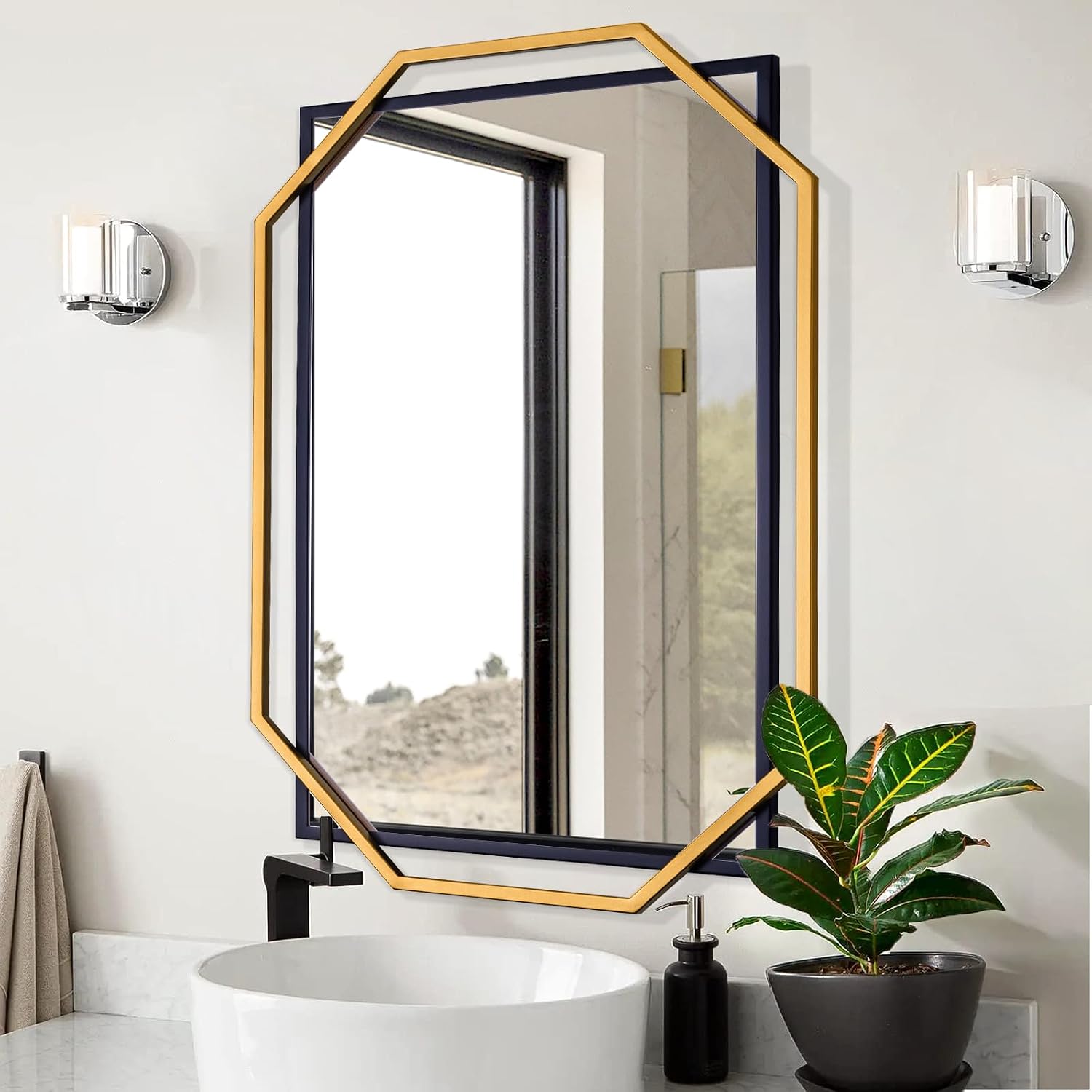 Octagonal Black Gold Metal Wall Mirror