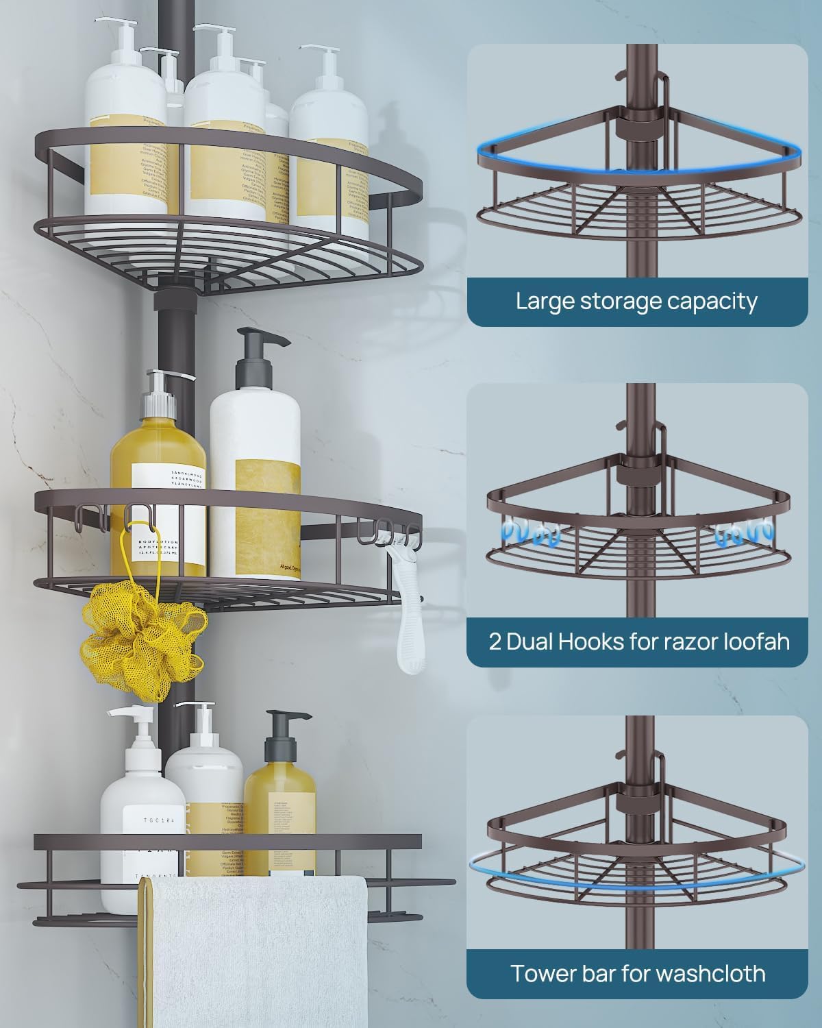 Bronze 4-Tier Tension Pole Shower Caddy