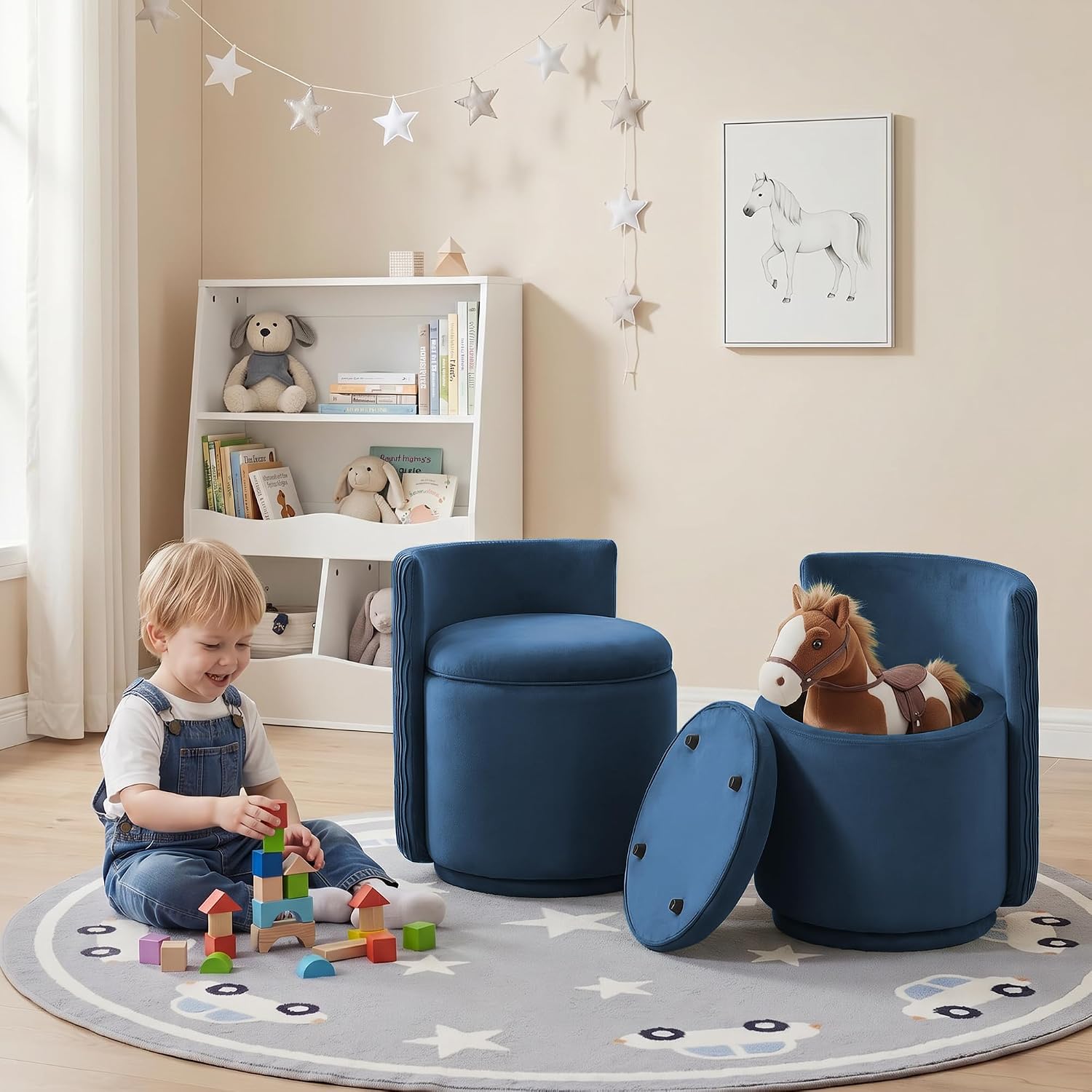 Blue Velvet Swivel Storage Vanity Chair