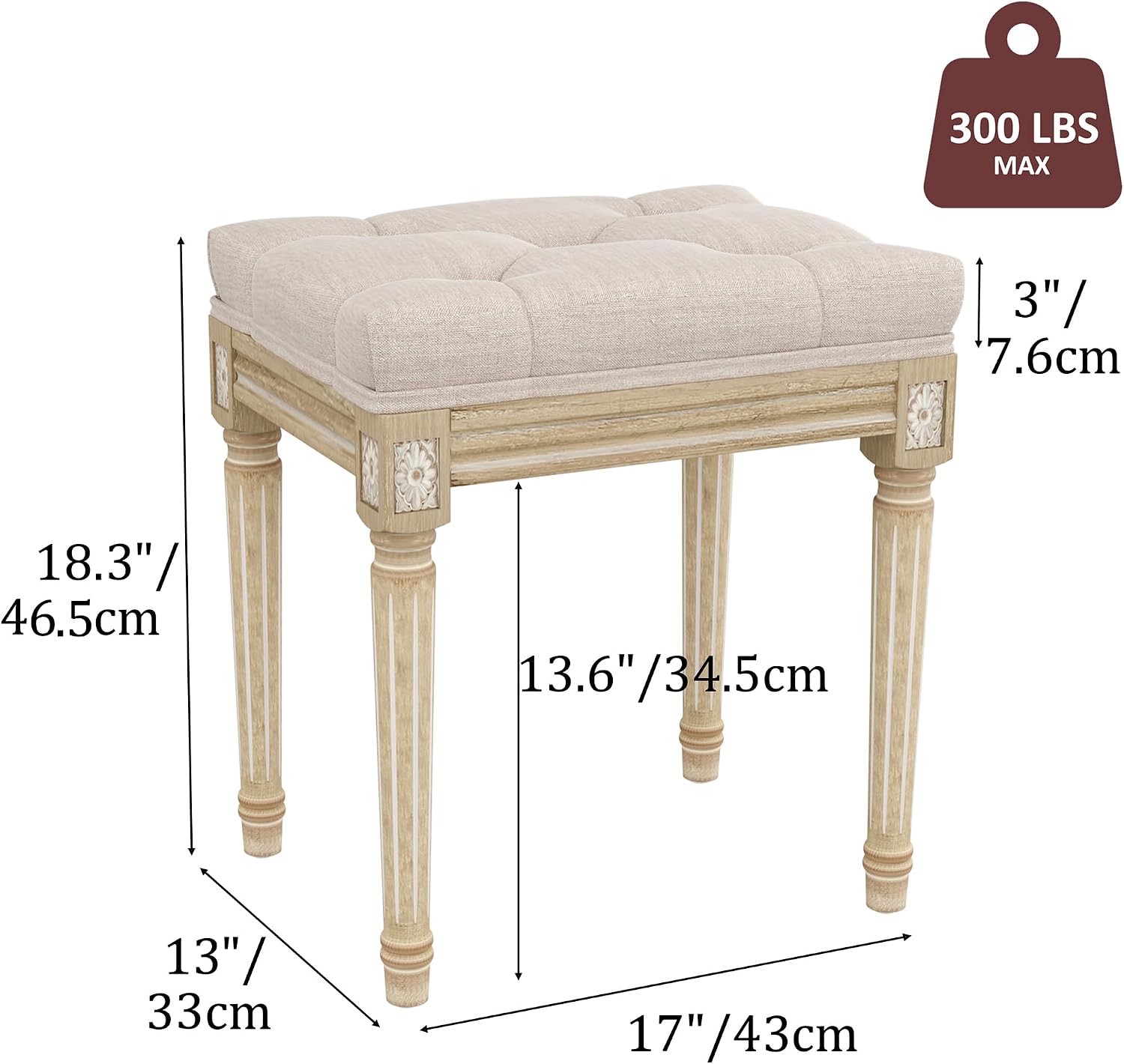 Beige Tufted Wood Makeup Vanity Bench