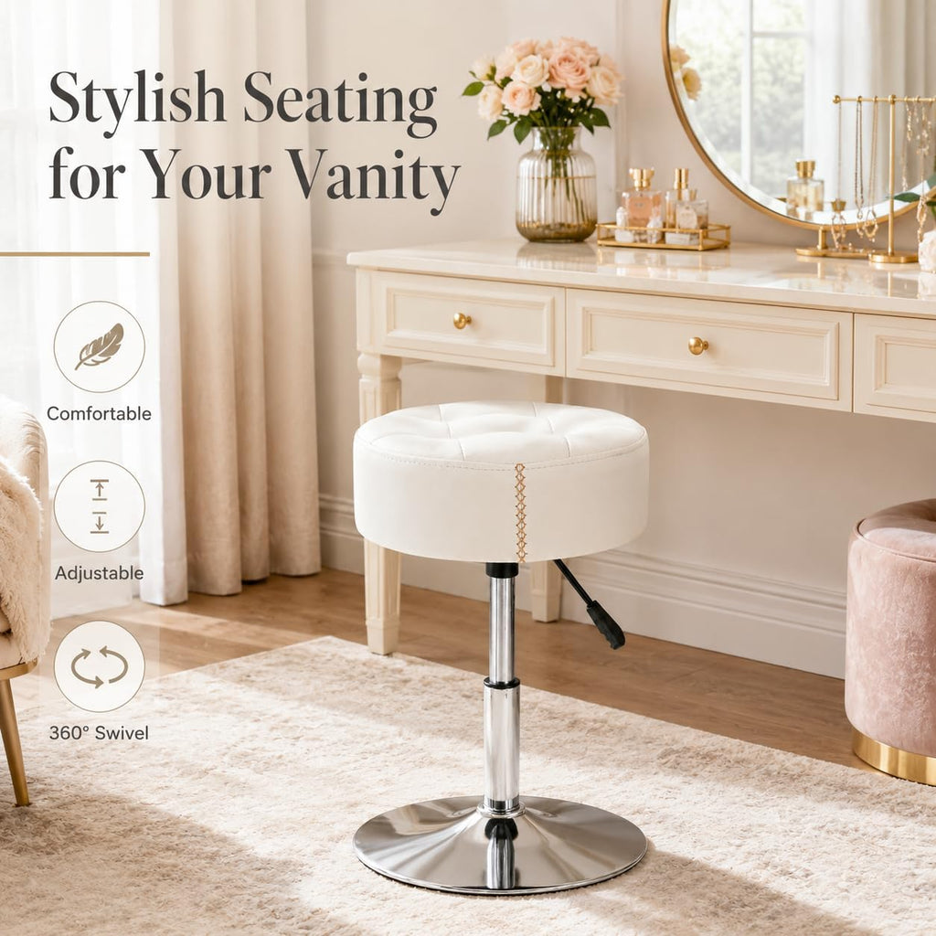 White PU Leather Adjustable Metal Base Vanity Stool