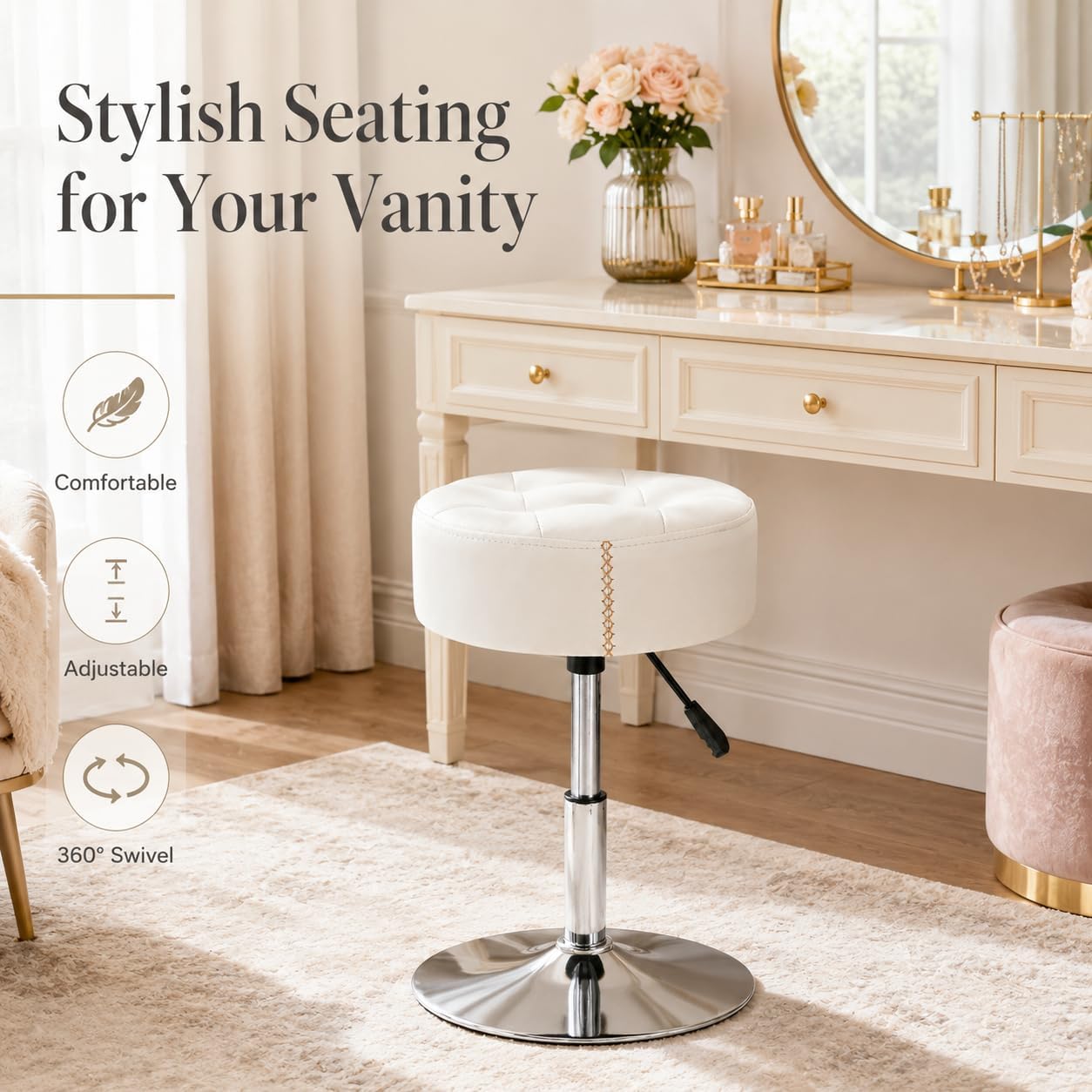 White PU Leather Adjustable Metal Base Vanity Stool