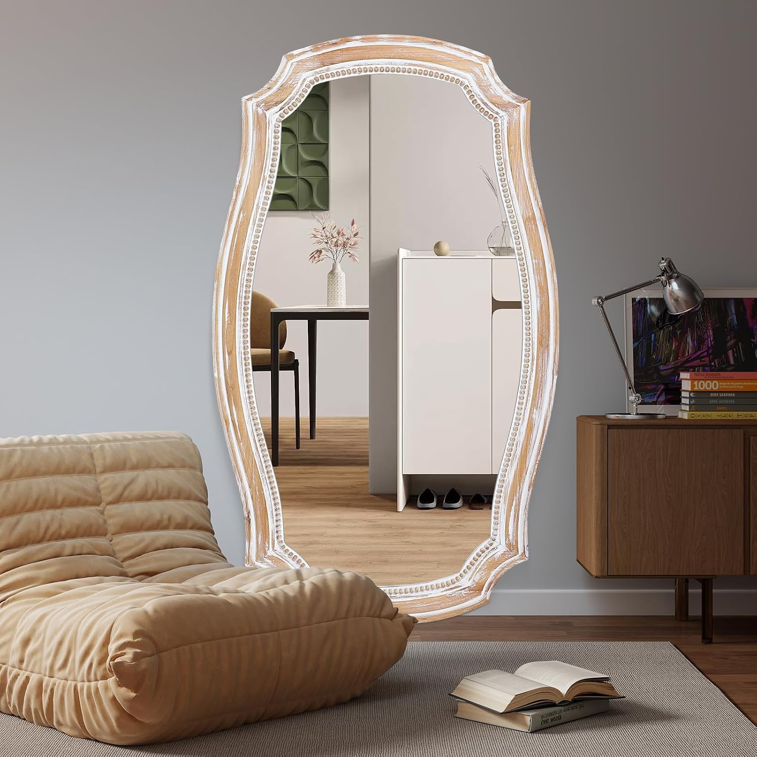 Distressed Wooden Scalloped Wall Mirror