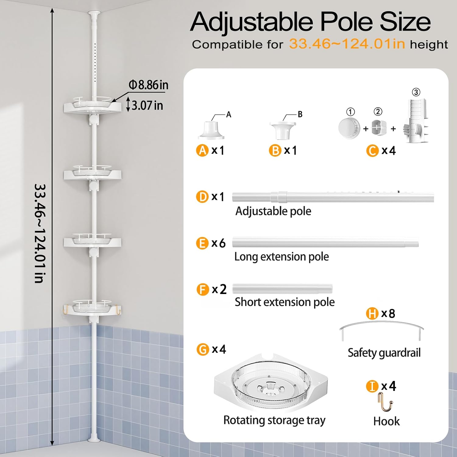 White 4-Tier Rotating Tension Shower Caddy