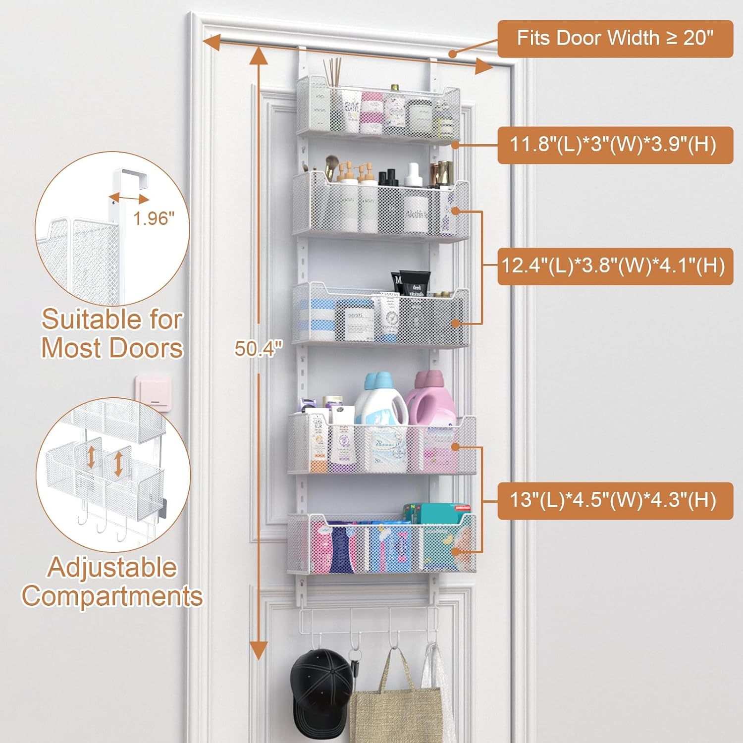 5 Basket White Metal Door Organizer