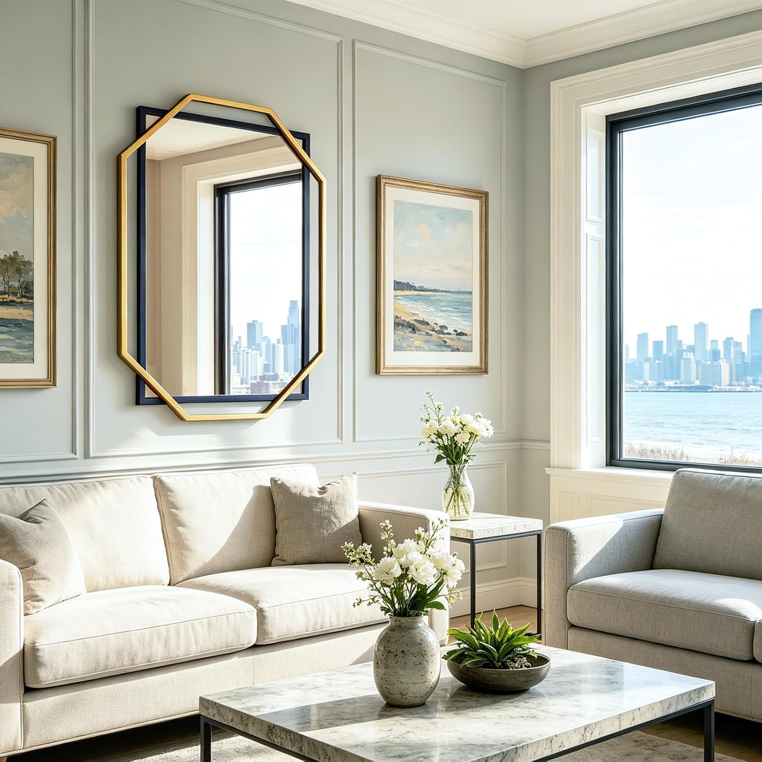 Octagonal Black Gold Metal Wall Mirror