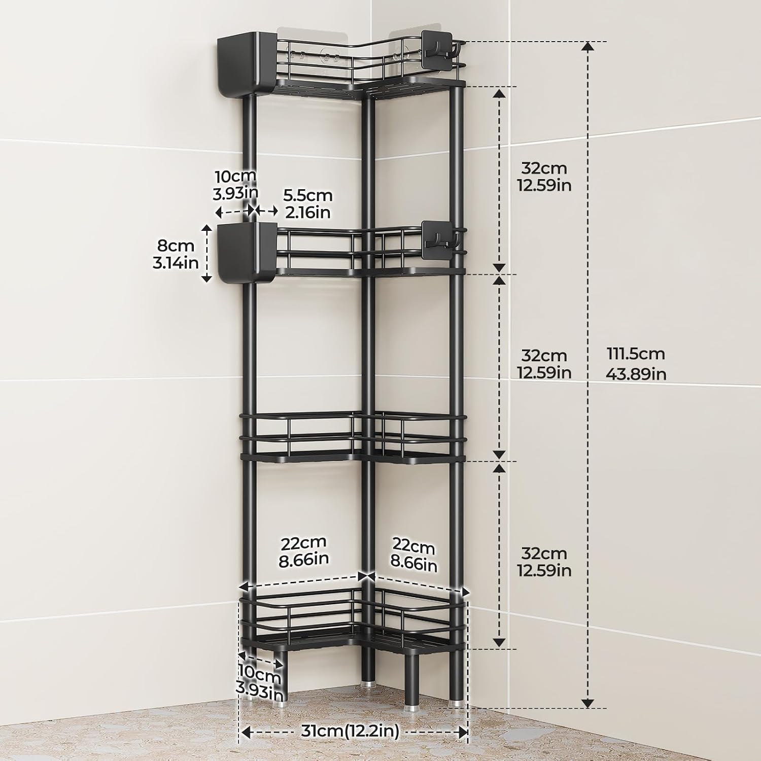 Black 4-Tier Standing Shower Corner Caddy