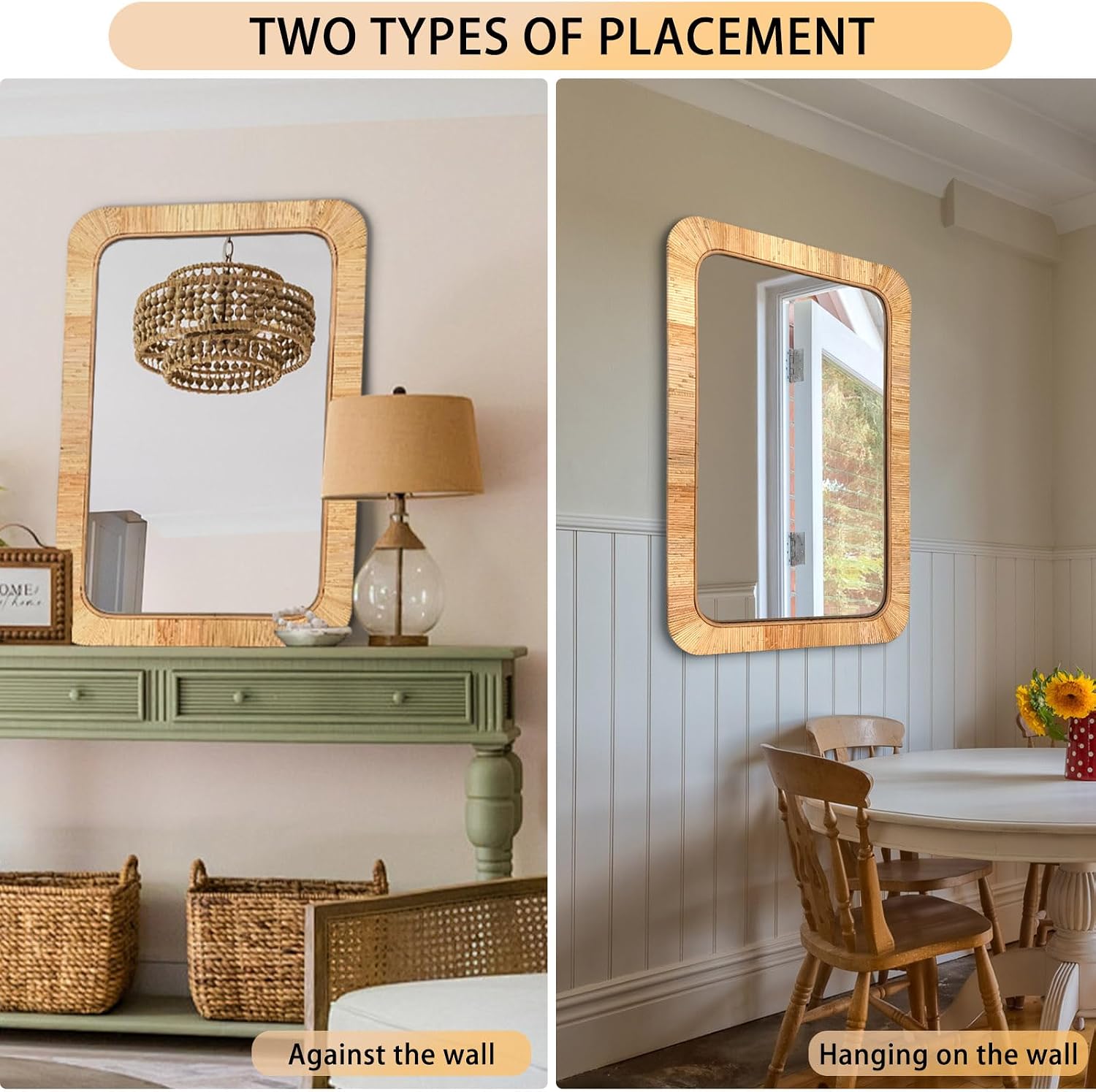 Rattan Boho Rectangular Wall Mirror