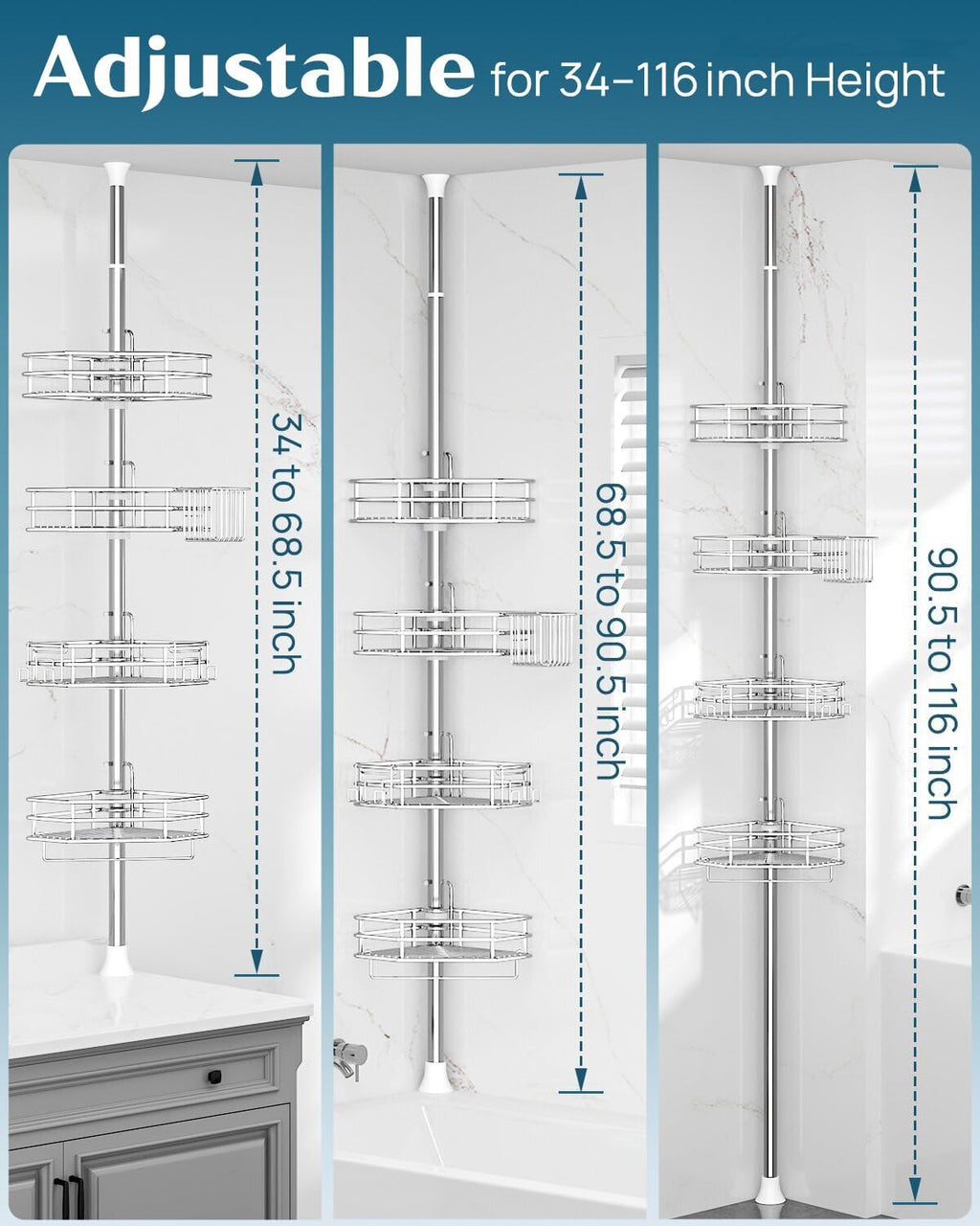 Silver 4-Tier Tension Pole Shower Caddy