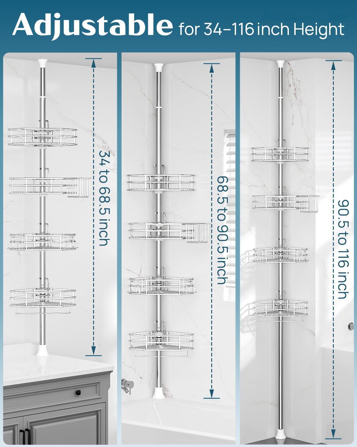 Silver 4-Tier Tension Pole Shower Caddy