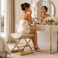 Gold Metal X Frame Leather Makeup Vanity Stool