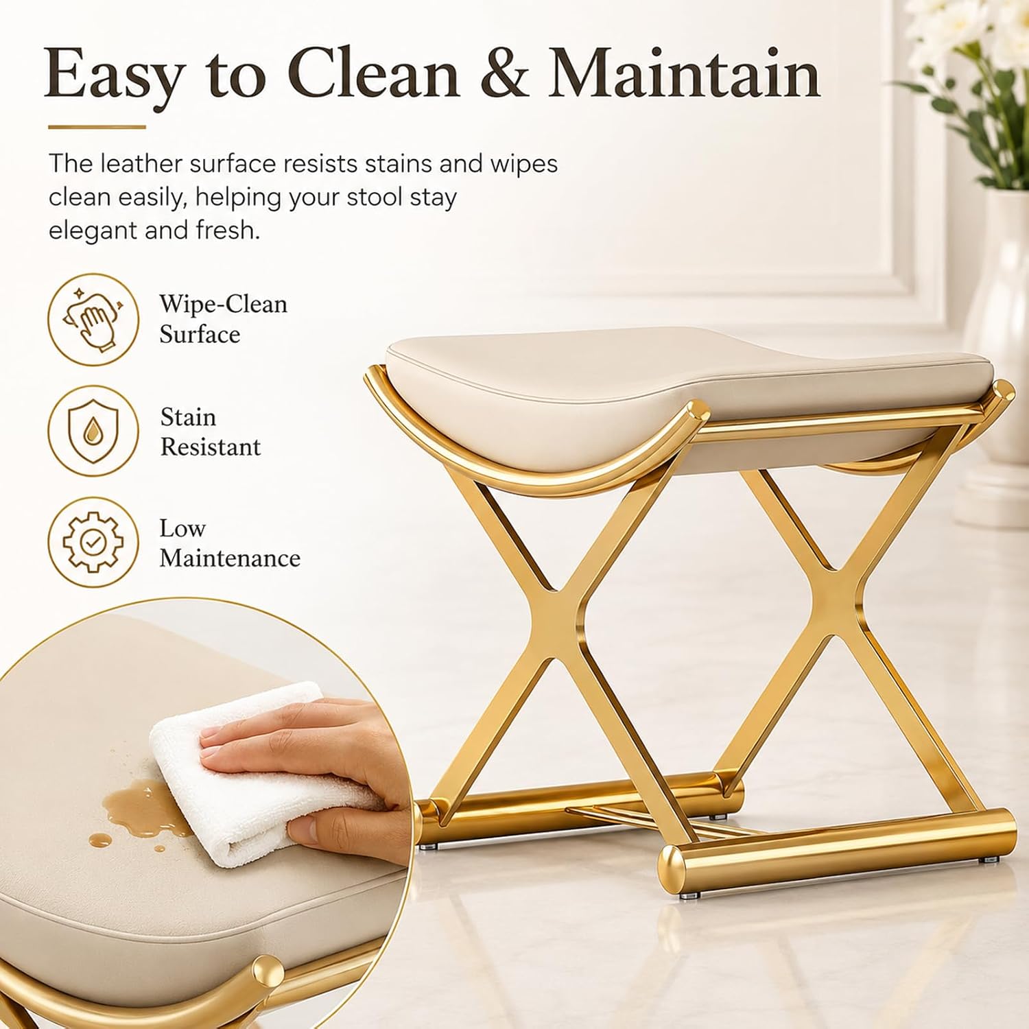 Gold Metal X Frame Leather Makeup Vanity Stool