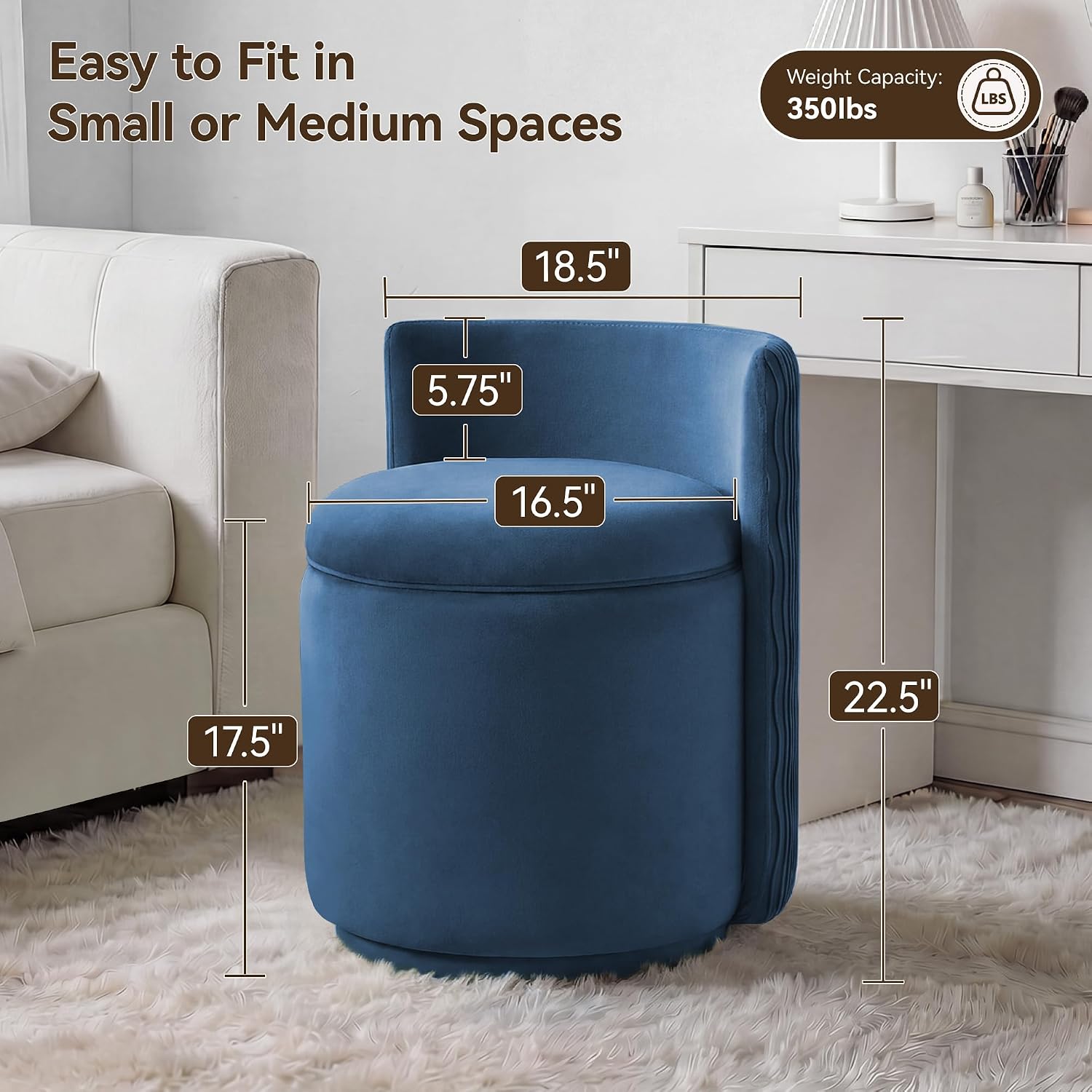 Blue Velvet Swivel Storage Vanity Chair