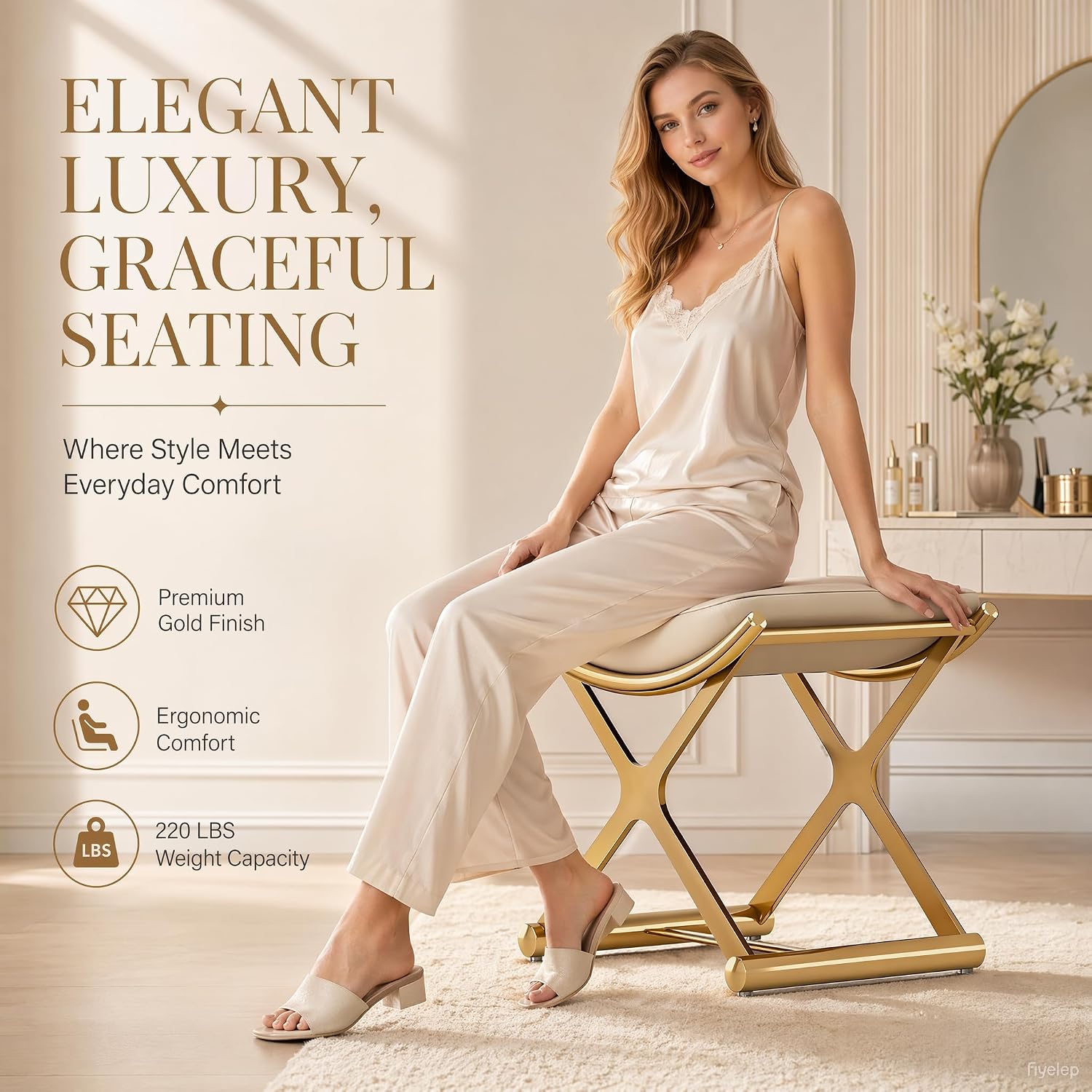 Gold Metal X Frame Leather Makeup Vanity Stool