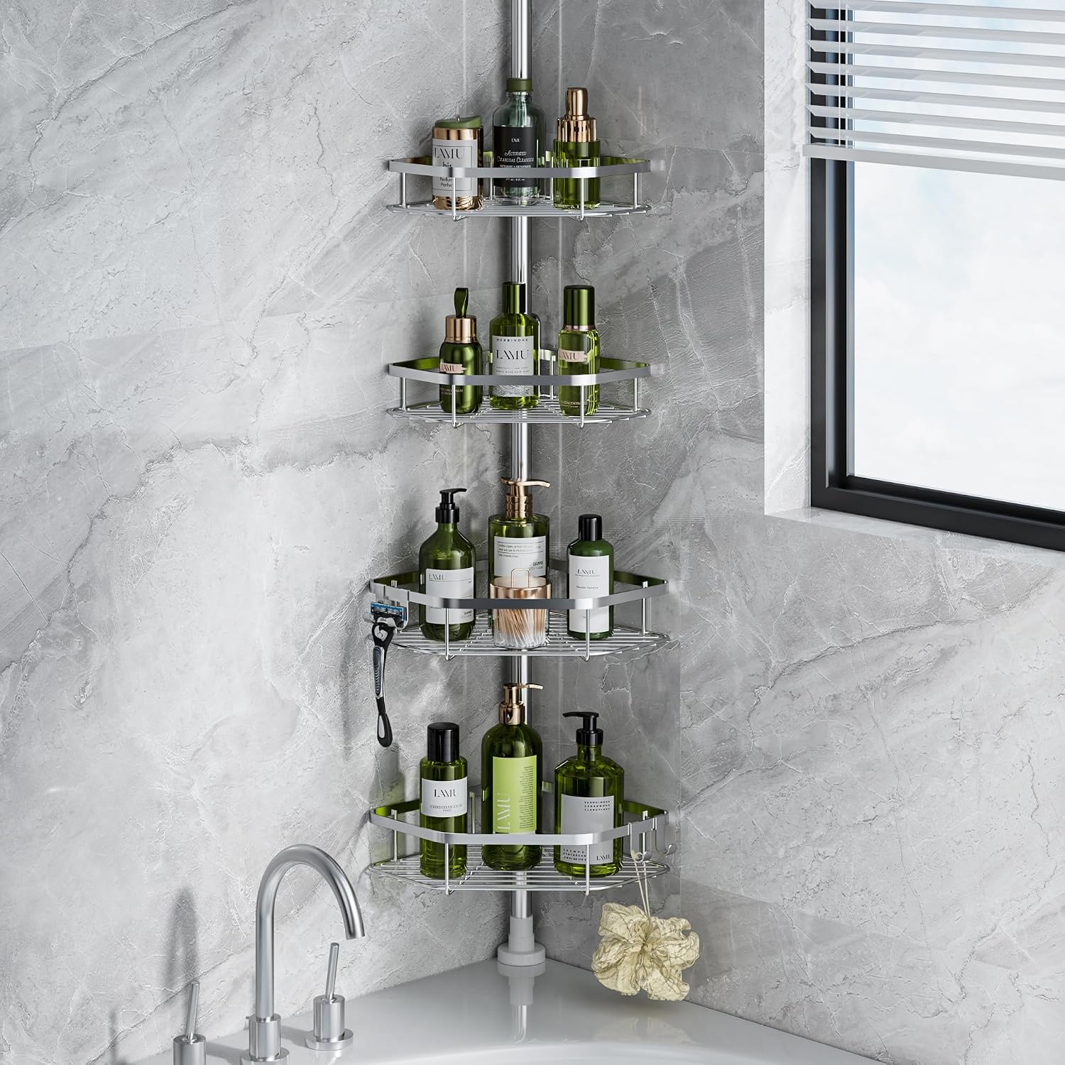 Silver 4-Tier Tension Pole Shower Organizer