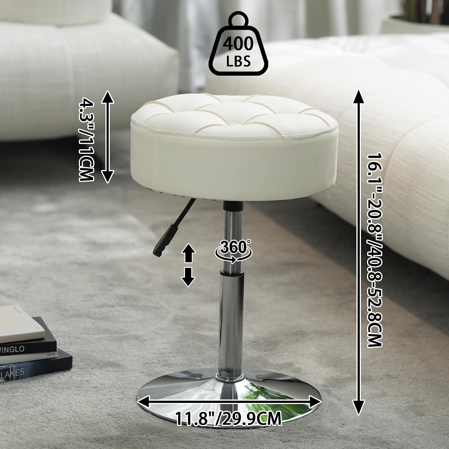 White PU Leather Adjustable Swivel Vanity Stool