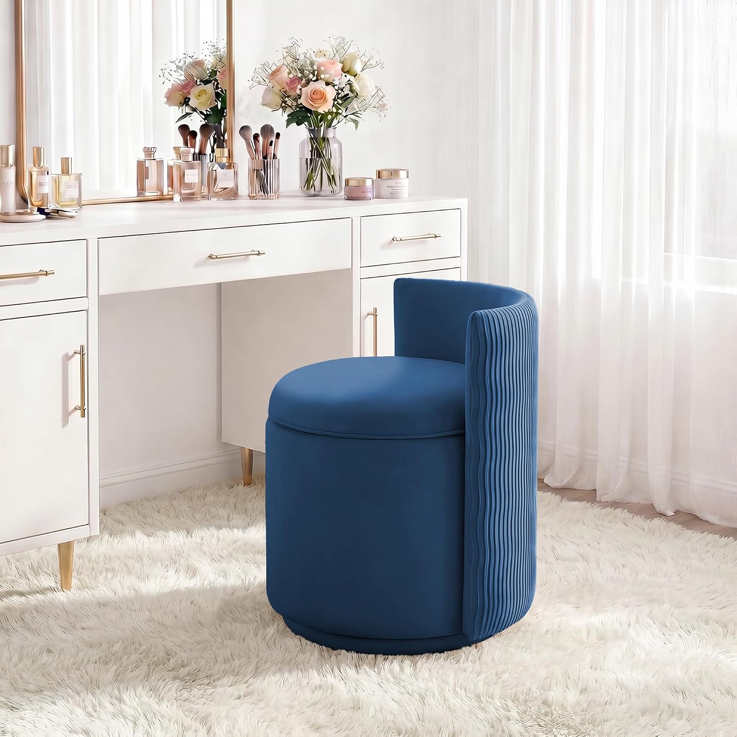 Blue Velvet Swivel Storage Vanity Chair