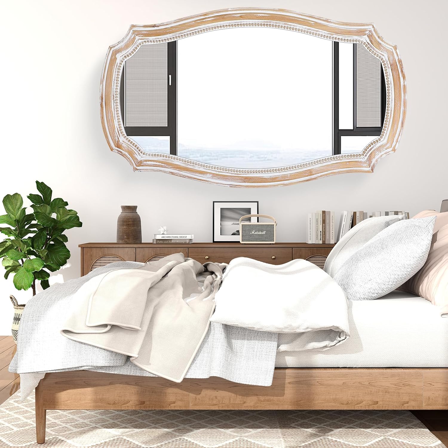 Distressed Wooden Scalloped Wall Mirror