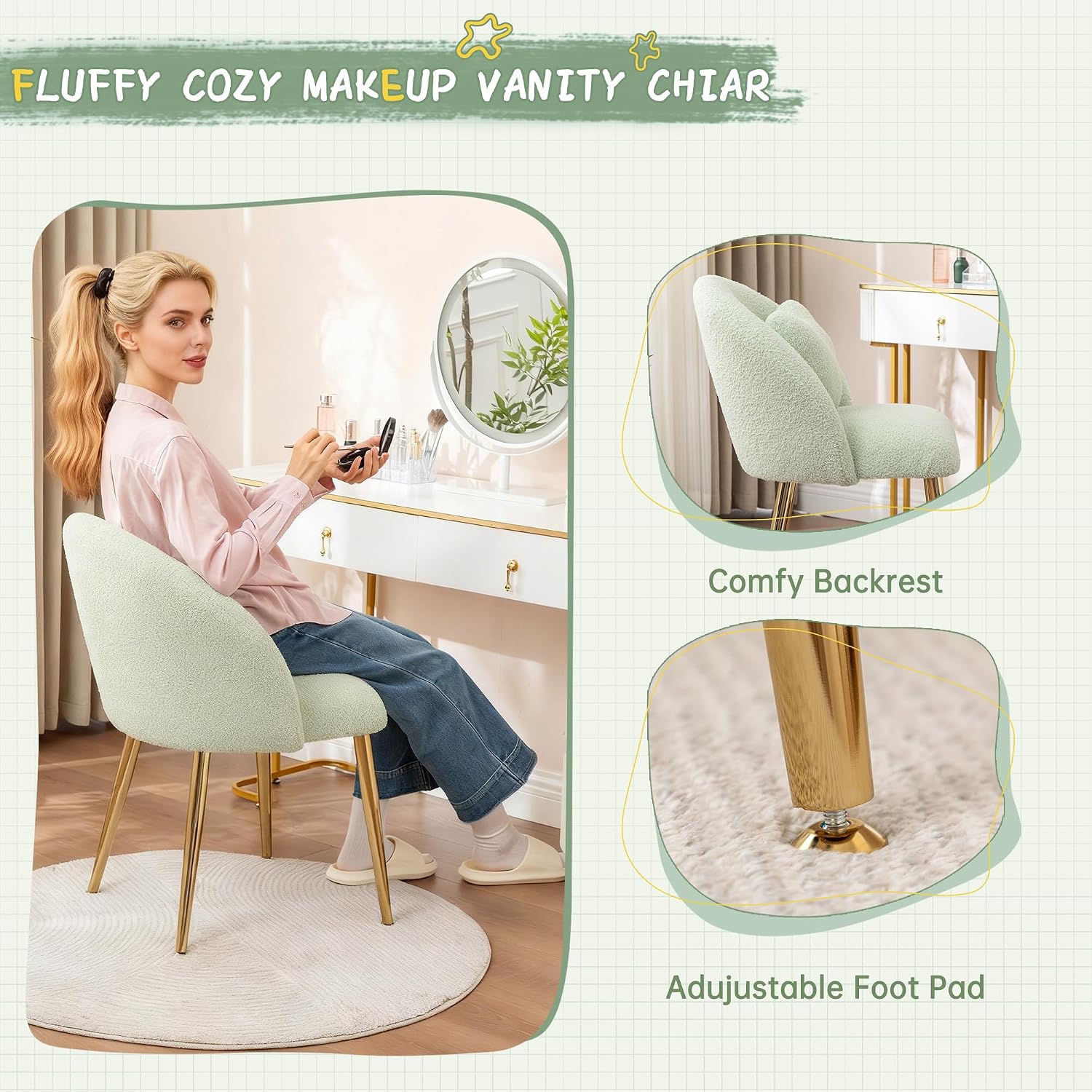 Green Teddy Fluffy Makeup Vanity Chair