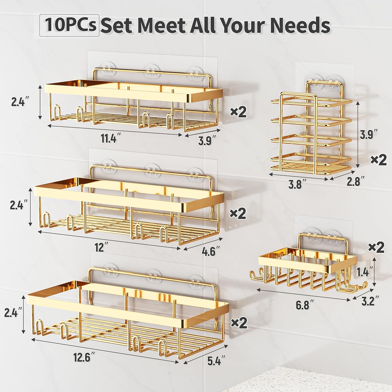 10 Pack Bright Gold Adhesive Shower Caddy Set