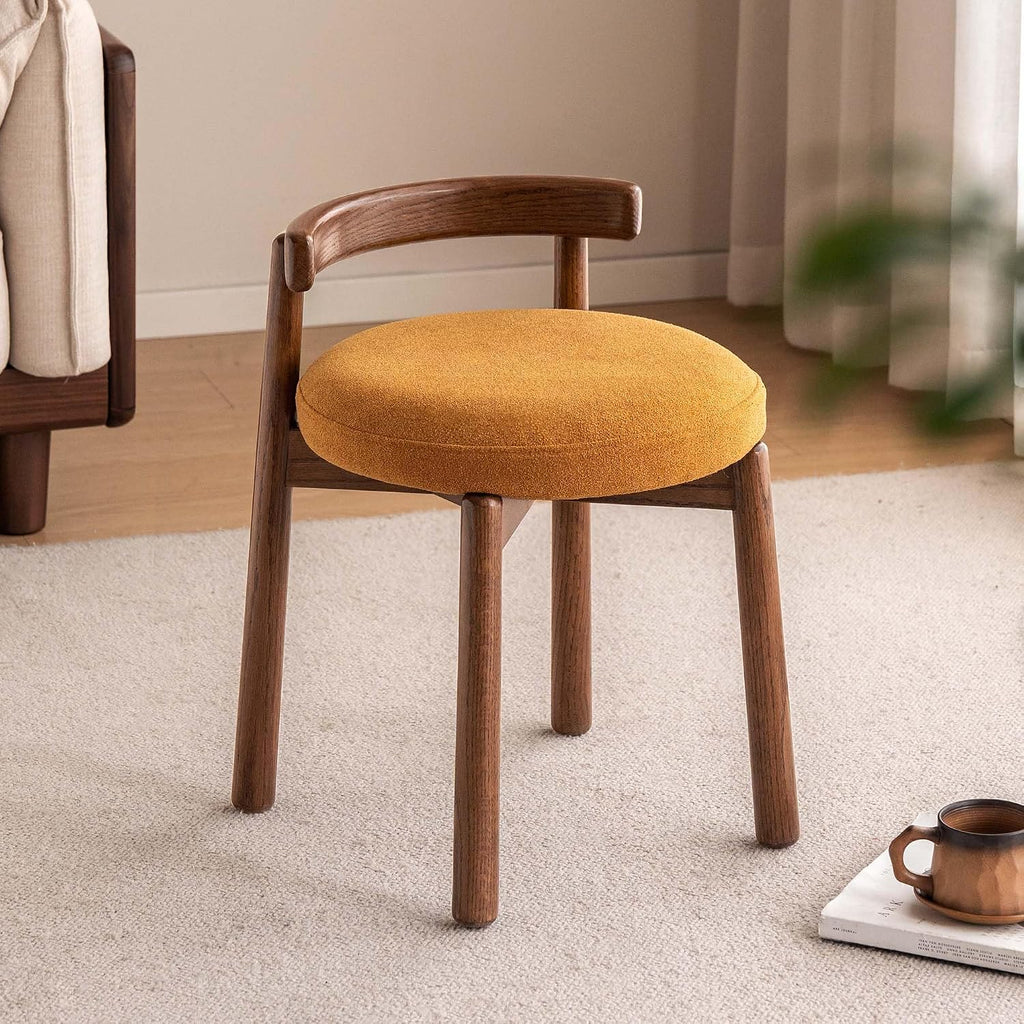 Walnut Oak Wood Non-Swivel Makeup Vanity Stool