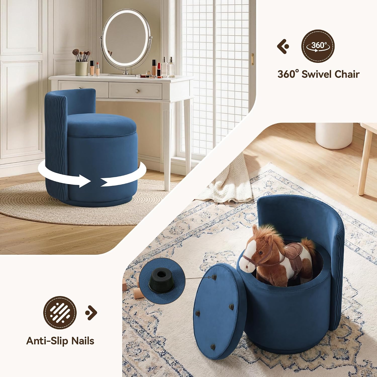 Blue Velvet Swivel Storage Vanity Chair