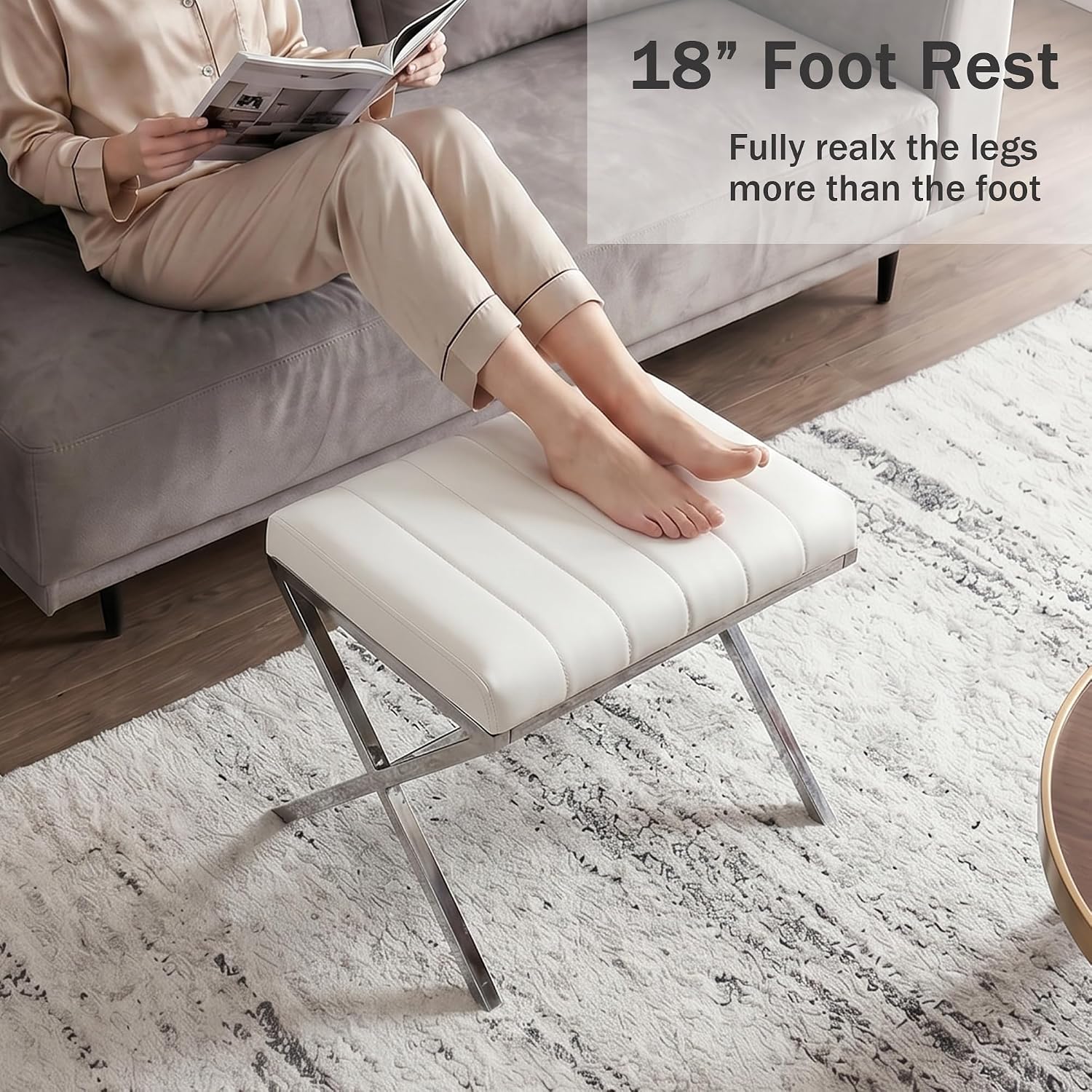 White PU Leather X Metal Leg Rectangular Vanity Stool