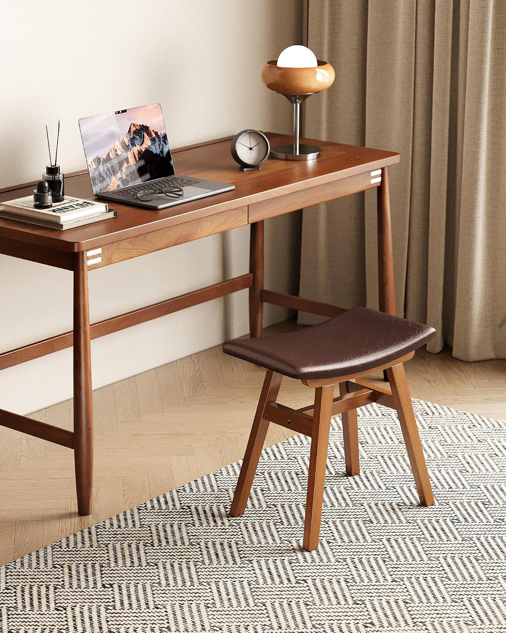 Solid Wood Backless Leather Cushion Vanity Stool