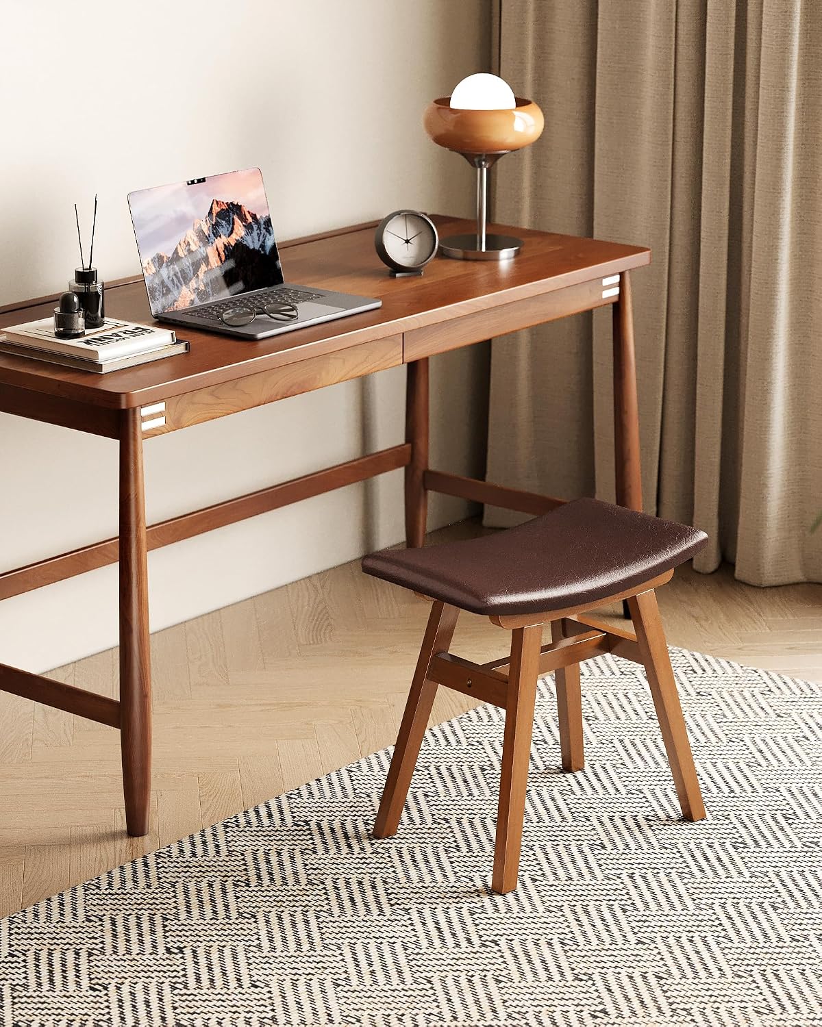 Solid Wood Backless Leather Cushion Vanity Stool