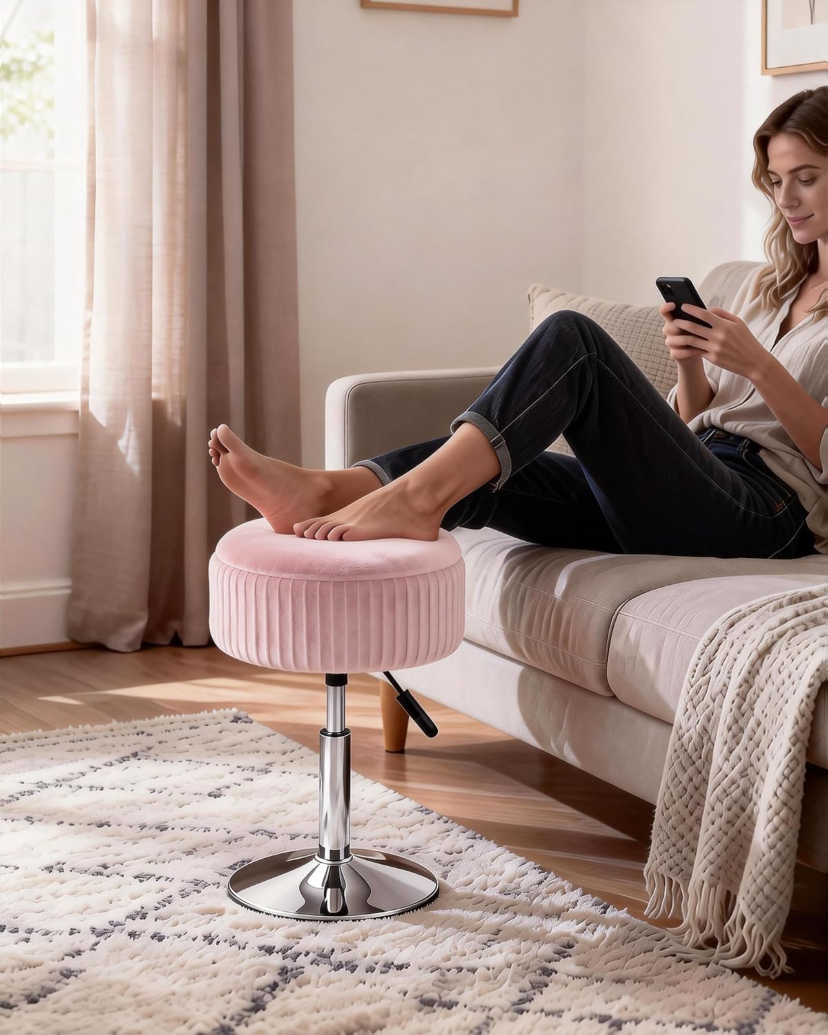Pink Velvet Swivel Storage Vanity Ottoman