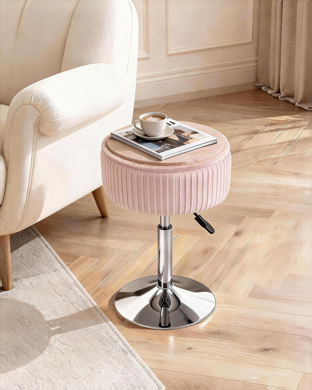 Pink Velvet Swivel Storage Vanity Ottoman