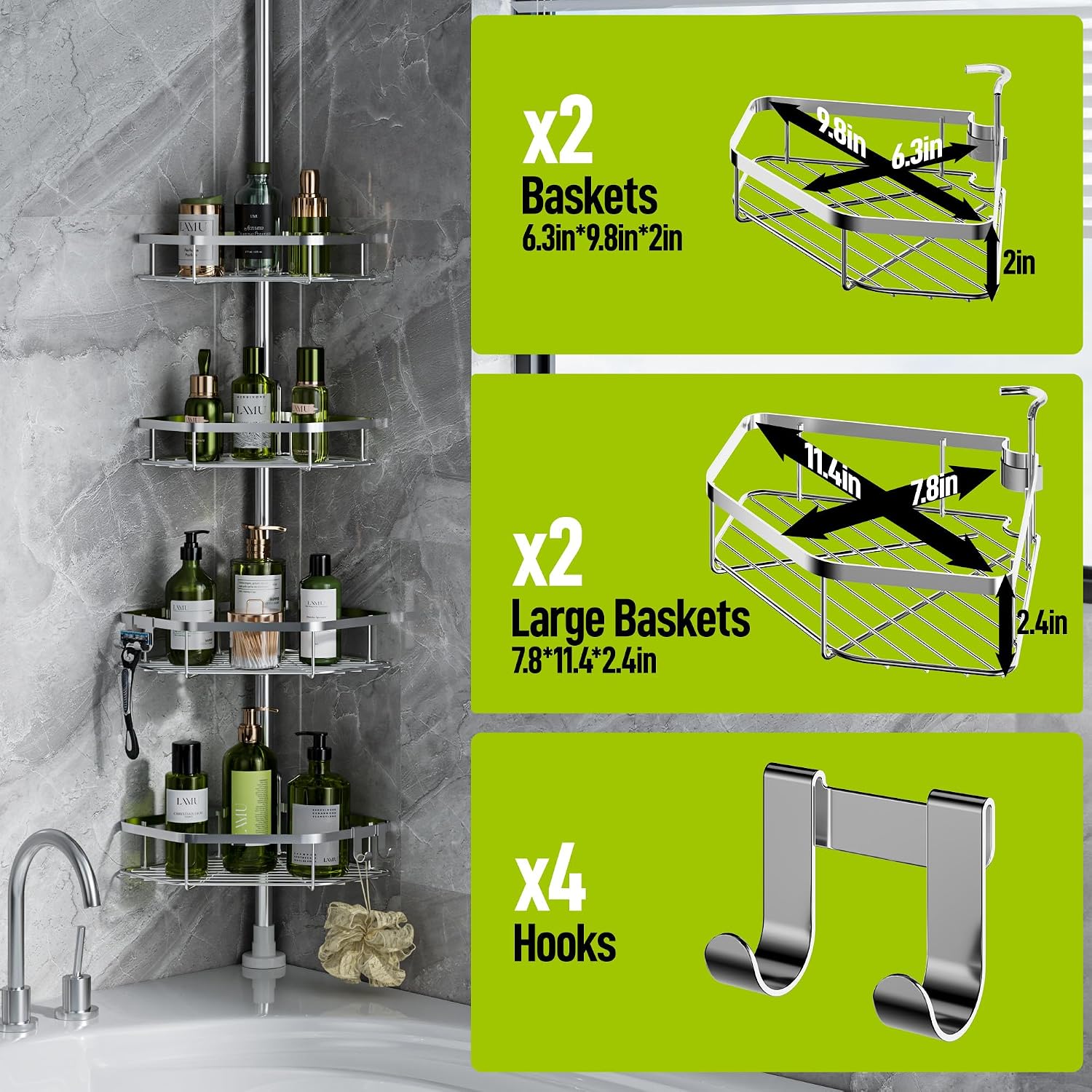 Silver 4-Tier Tension Pole Shower Organizer