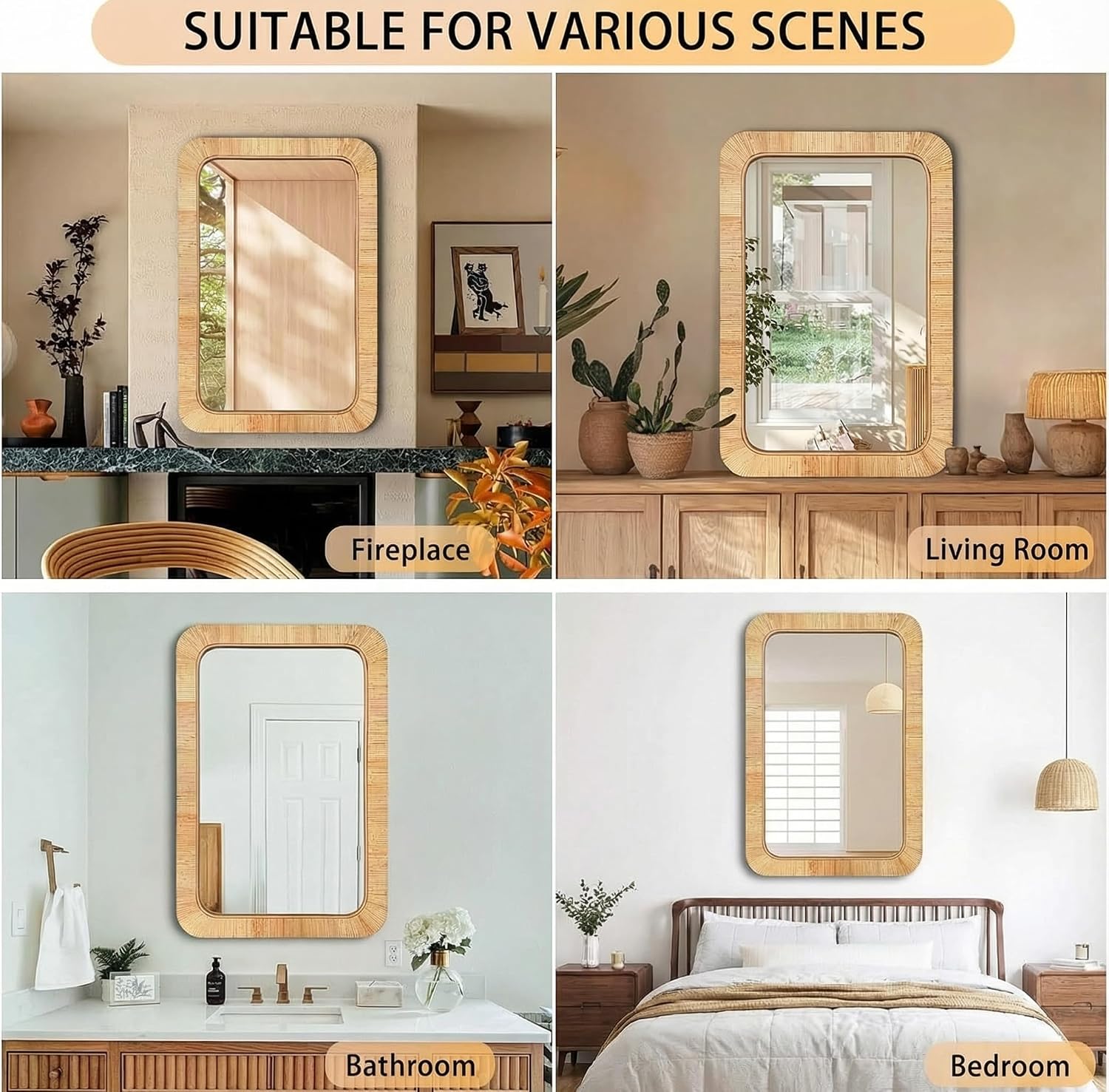 Rattan Boho Rectangular Wall Mirror