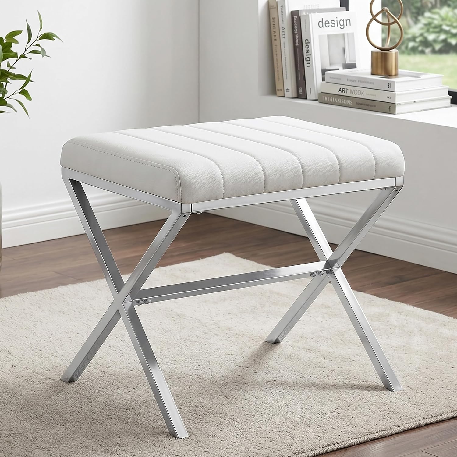 White PU Leather X Metal Leg Rectangular Vanity Stool