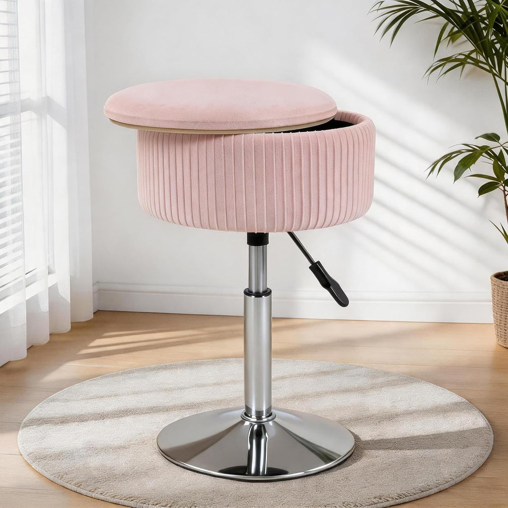 Pink Velvet Swivel Storage Vanity Ottoman